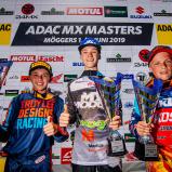 ADAC MX Masters 2019 , ADAC MX Masters Möggers, Siegerehrung beim ADAC MX Junior Cup 85ccm v.l.n.r. Julius Mikula ( Tschechien / KTM / JD Gunnex KTM Racing Team ), Edvards Bidzans ( Lettland / Husqvarna / MX MODULS ) und Tobias Caprani ( Dänemark / KTM / 